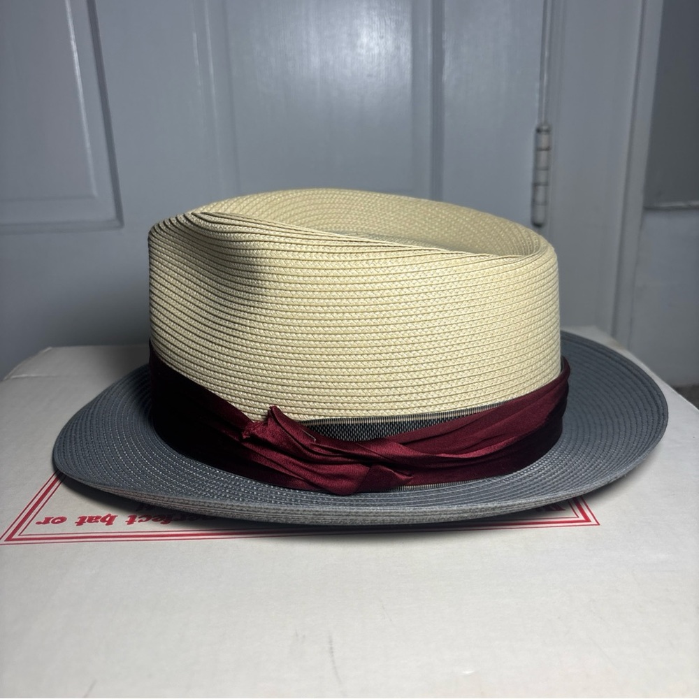 Stylish Cream and Gray Fedora with Burgundy Accent